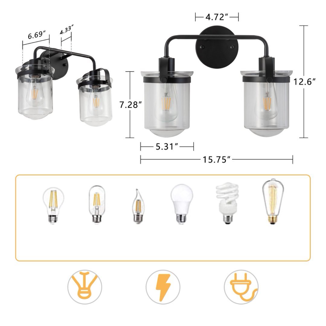 2-Light With Clear Glass Shade,Modern Sconce, Industrial Indoor Light Fixture For Bathroom Living Room Bedroom Over Kitchen Sink,E26 Socket,No Bulb