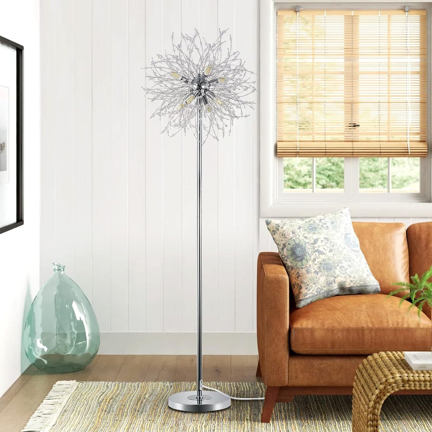 Bedroom Crystal Floor Lamp,,69 Inch High Pole Lamp,Modern Room Decorative Floor Lamp,Includes 32 Fireworks Crystal Suspenders, Chrome Finish