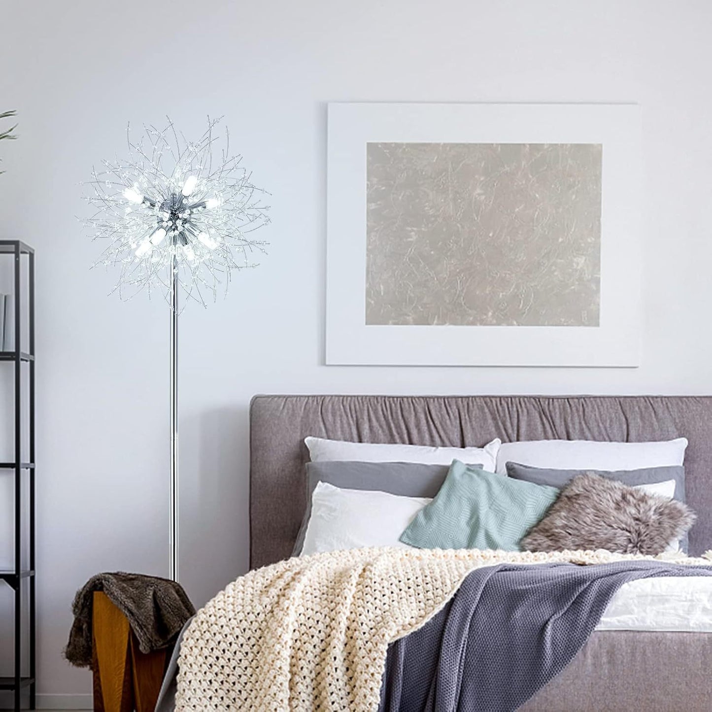 Bedroom Crystal Floor Lamp,,69 Inch High Pole Lamp,Modern Room Decorative Floor Lamp,Includes 32 Fireworks Crystal Suspenders, Chrome Finish