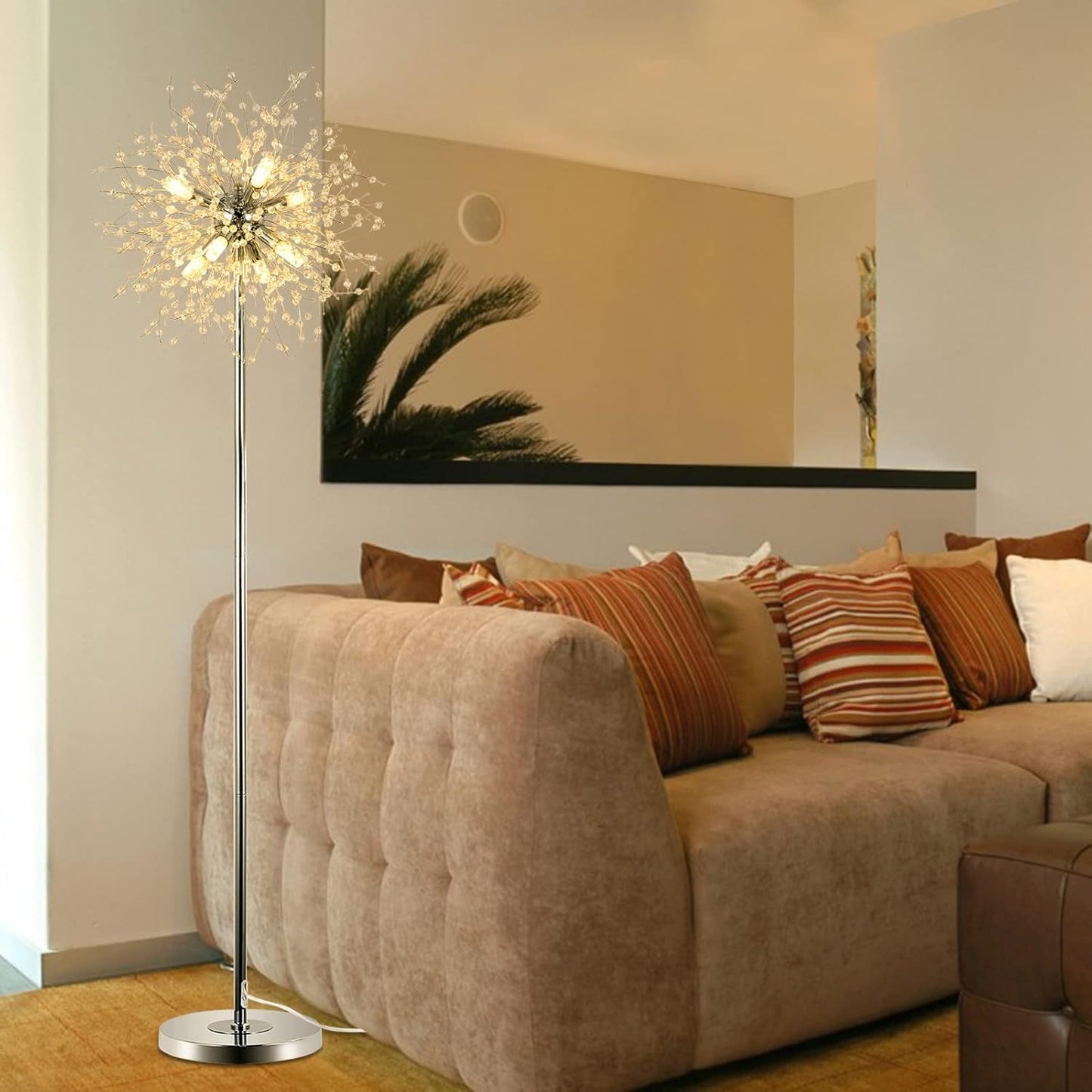 Bedroom Crystal Floor Lamp,,69 Inch High Pole Lamp,Modern Room Decorative Floor Lamp,Includes 32 Fireworks Crystal Suspenders, Chrome Finish