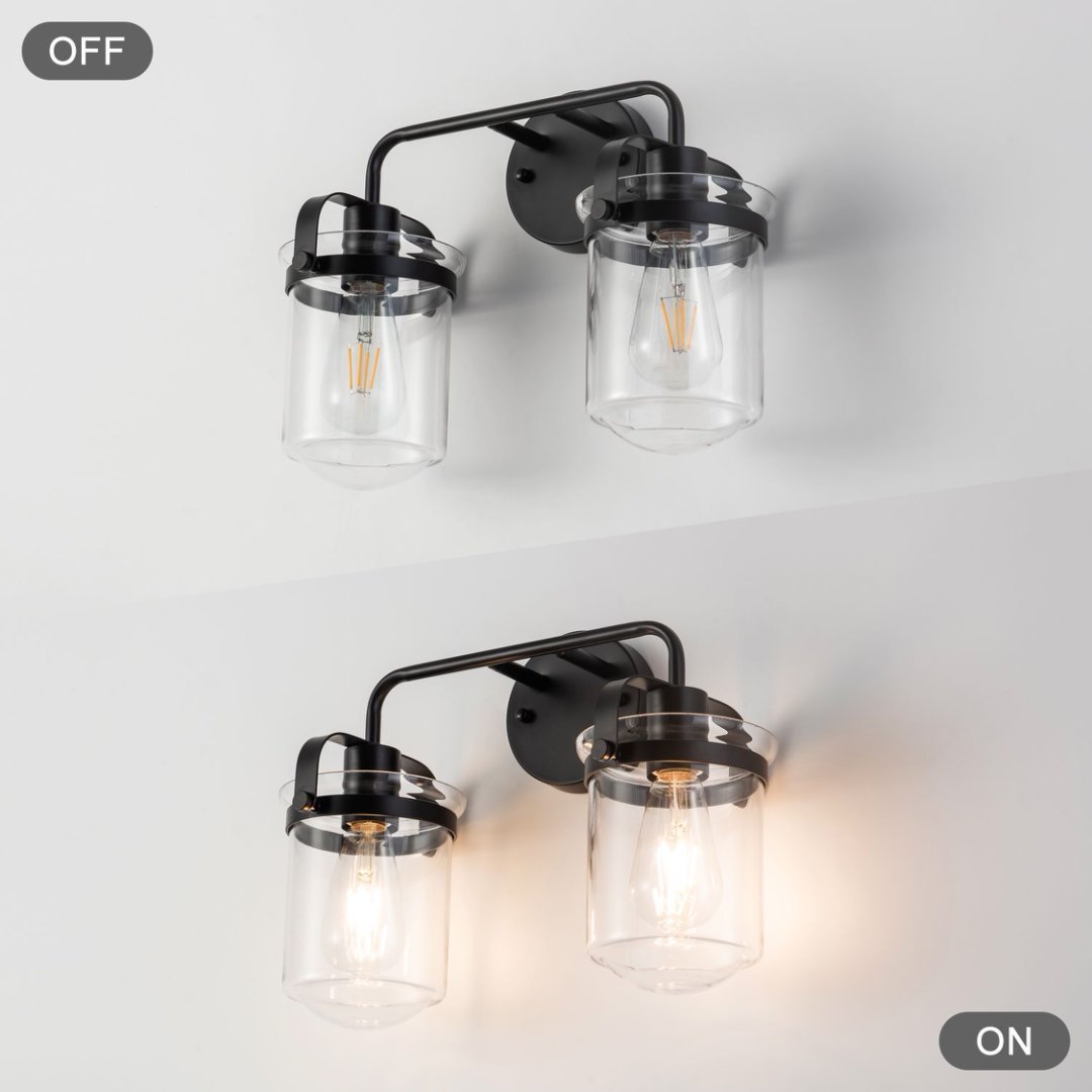 2-Light With Clear Glass Shade,Modern Sconce, Industrial Indoor Light Fixture For Bathroom Living Room Bedroom Over Kitchen Sink,E26 Socket,No Bulb