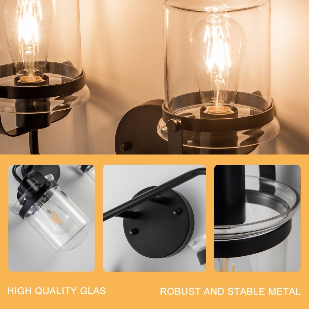 2-Light With Clear Glass Shade,Modern Sconce, Industrial Indoor Light Fixture For Bathroom Living Room Bedroom Over Kitchen Sink,E26 Socket,No Bulb