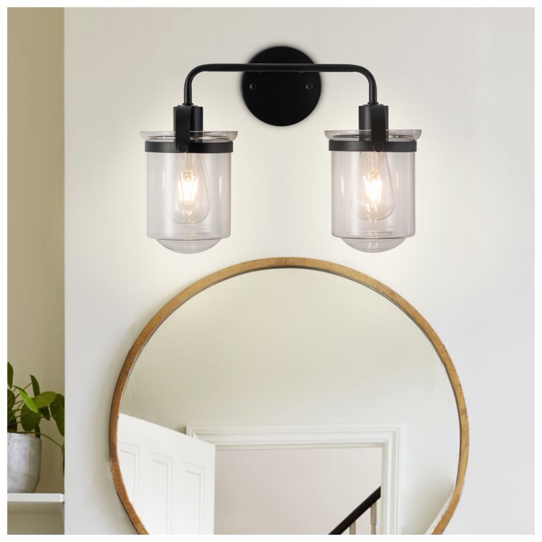 2-Light With Clear Glass Shade,Modern Sconce, Industrial Indoor Light Fixture For Bathroom Living Room Bedroom Over Kitchen Sink,E26 Socket,No Bulb
