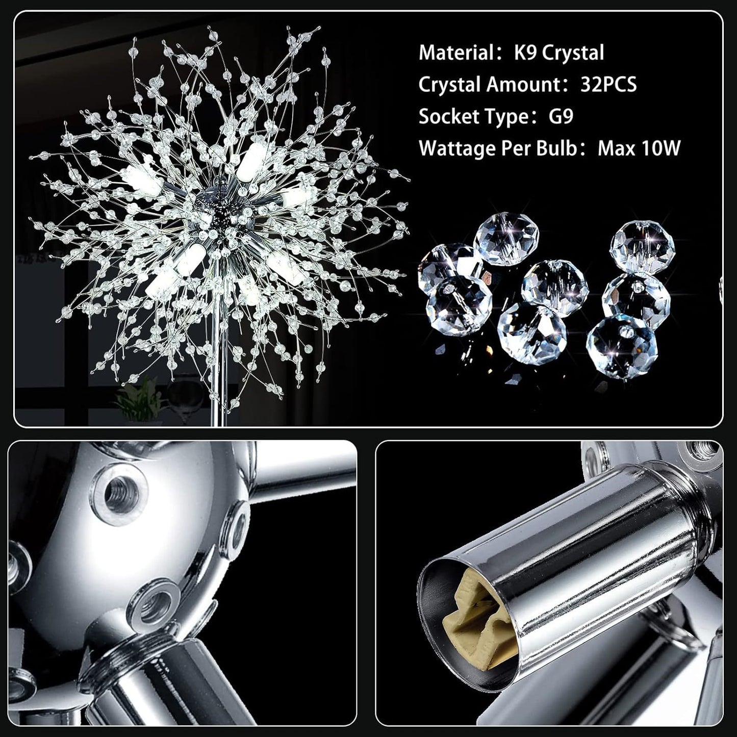 Bedroom Crystal Floor Lamp,,69 Inch High Pole Lamp,Modern Room Decorative Floor Lamp,Includes 32 Fireworks Crystal Suspenders, Chrome Finish