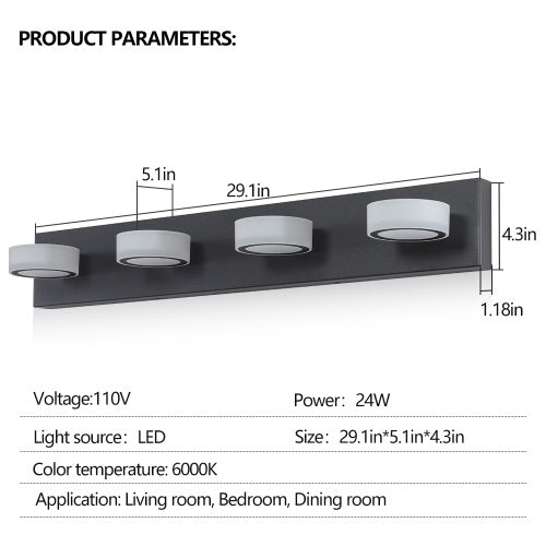LED Modern Black 4 Light Vanity Light Fixture Mirror Bathroom Wall Light