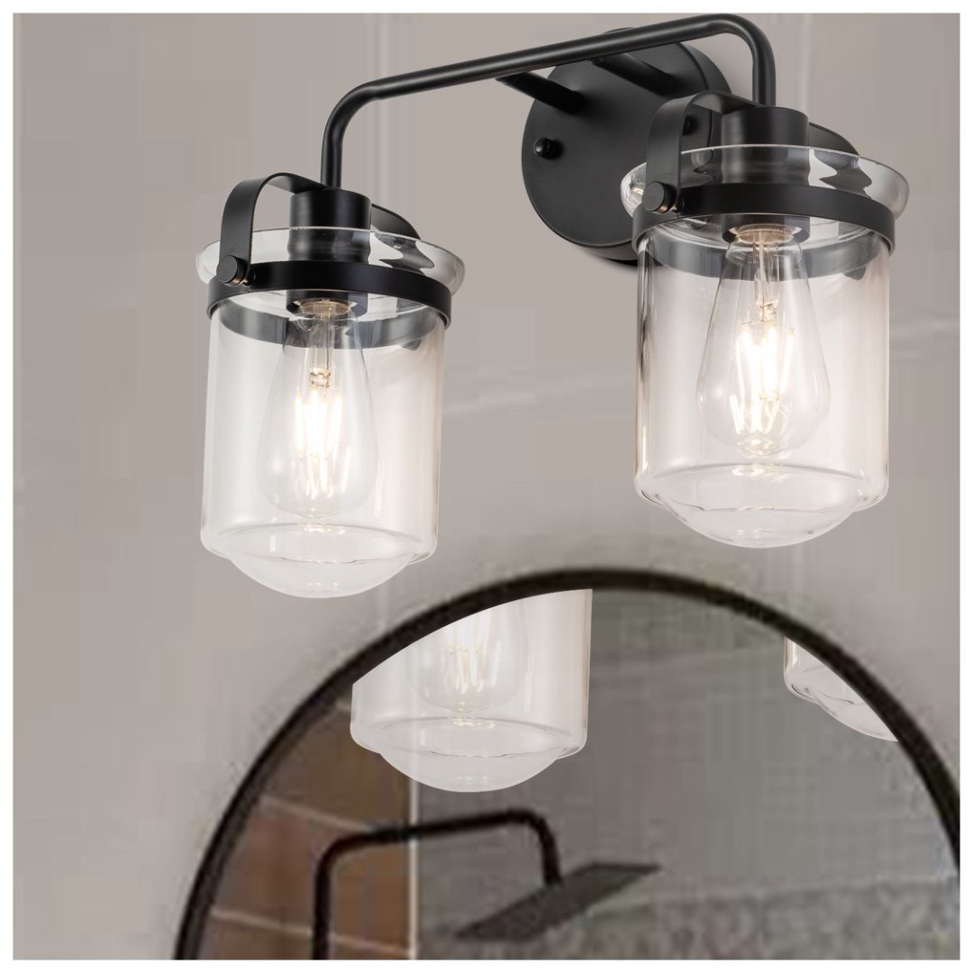 2-Light With Clear Glass Shade,Modern Sconce, Industrial Indoor Light Fixture For Bathroom Living Room Bedroom Over Kitchen Sink,E26 Socket,No Bulb