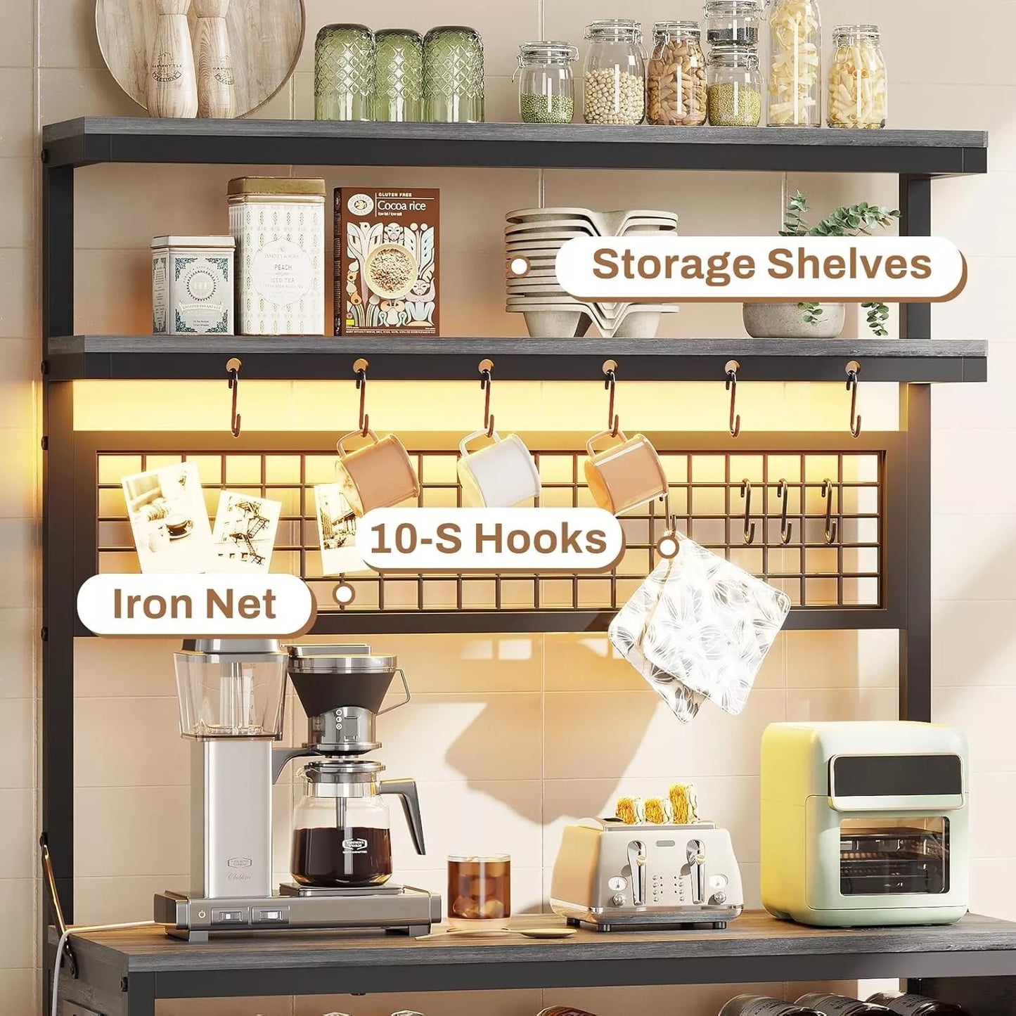 Bakers Rack with Power Outlet, 6-Tier Coffee Bar with Wine Rack and LED Lights
