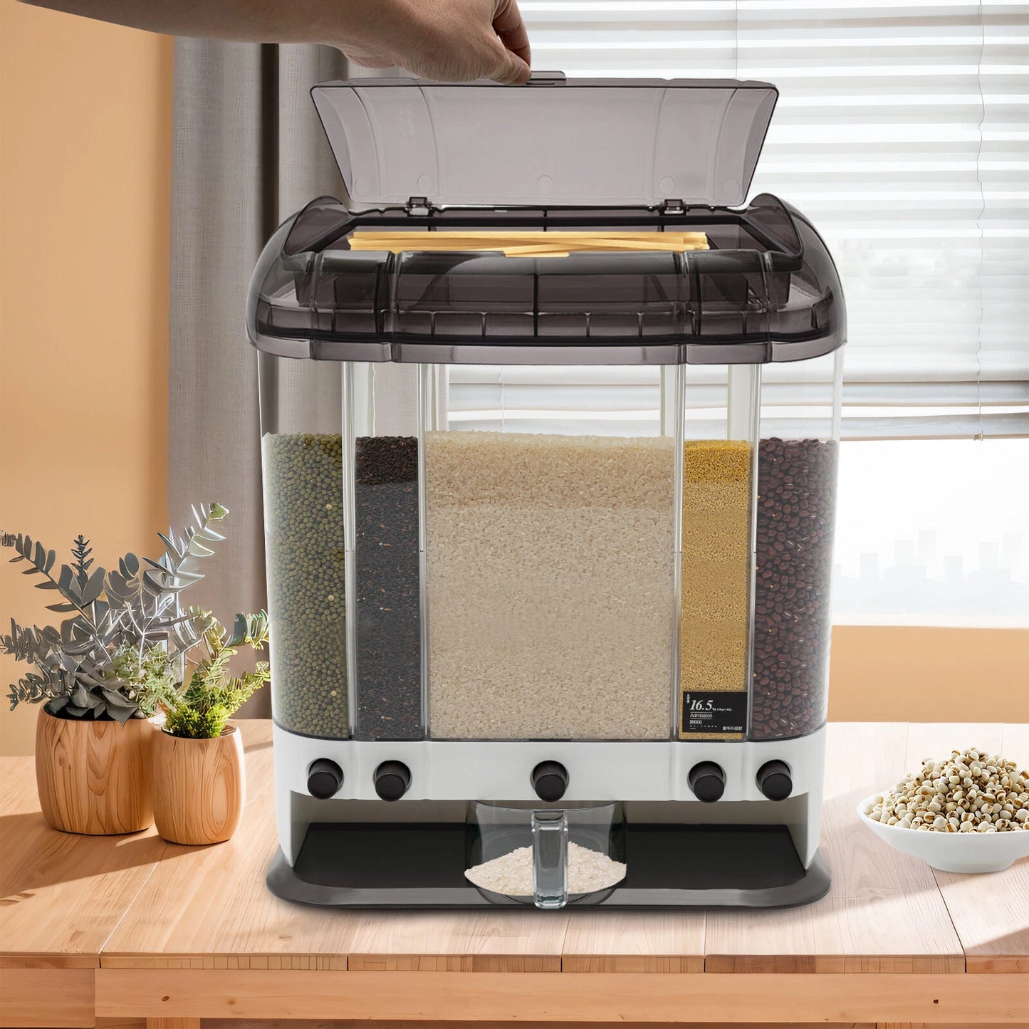 2-Tiers Rice Dispenser Dry Food Dispenser Kitchen Grain Cereal Storage Container