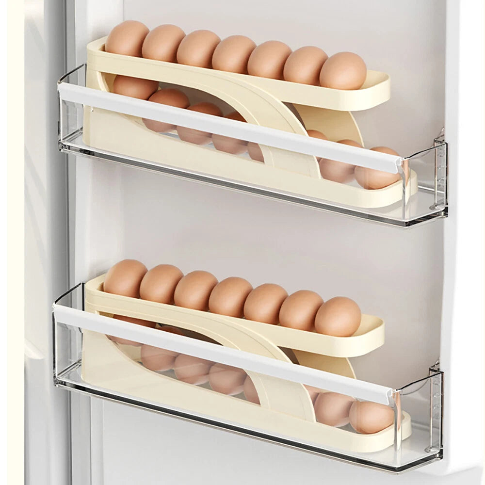 Kitchen Roll down Egg Dispenser & Storage For Refrigerator Organizer Rack Holder