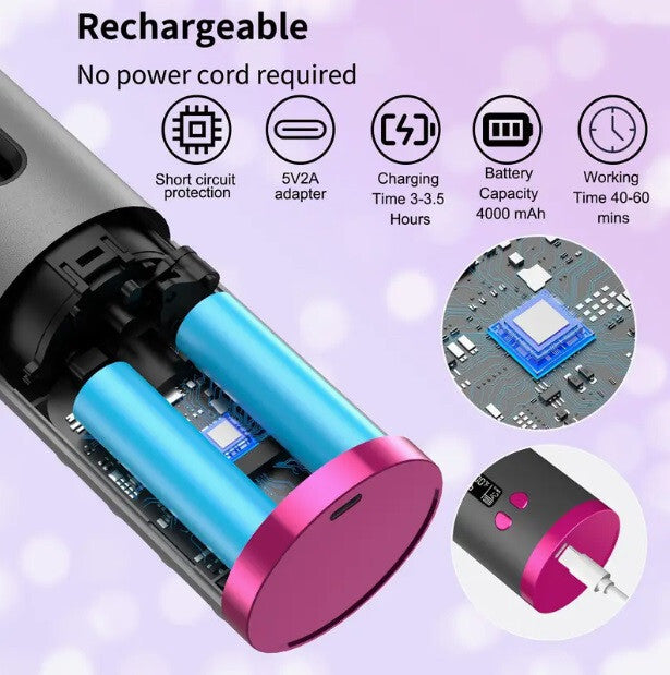 Wireless Rechargeable Curler Ceramic Auto Rotating USB LED Hair Curling Machine