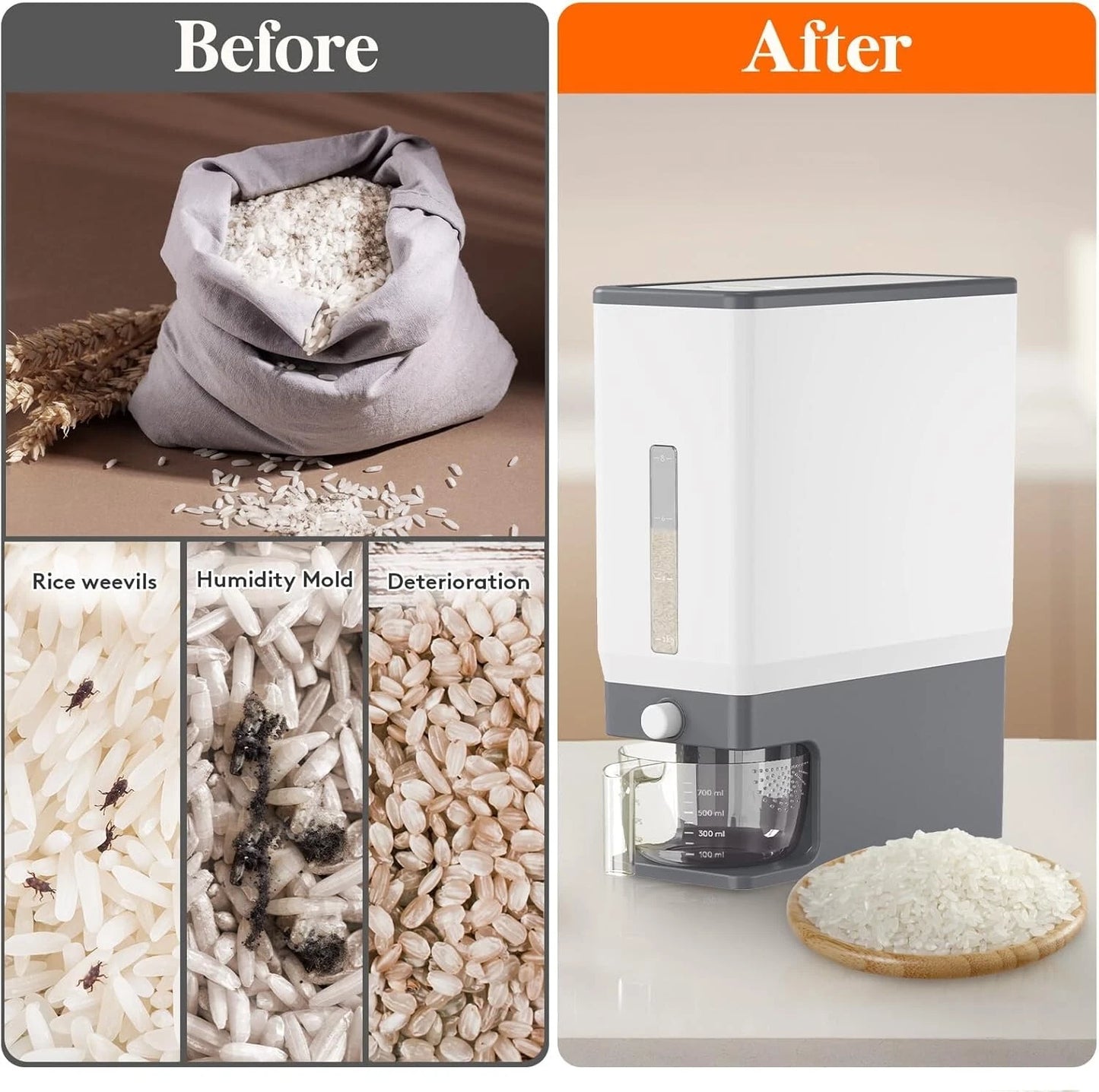 Rice Dispenser 25L Airtight Storage Container with Measuring Cup for Kitchen
