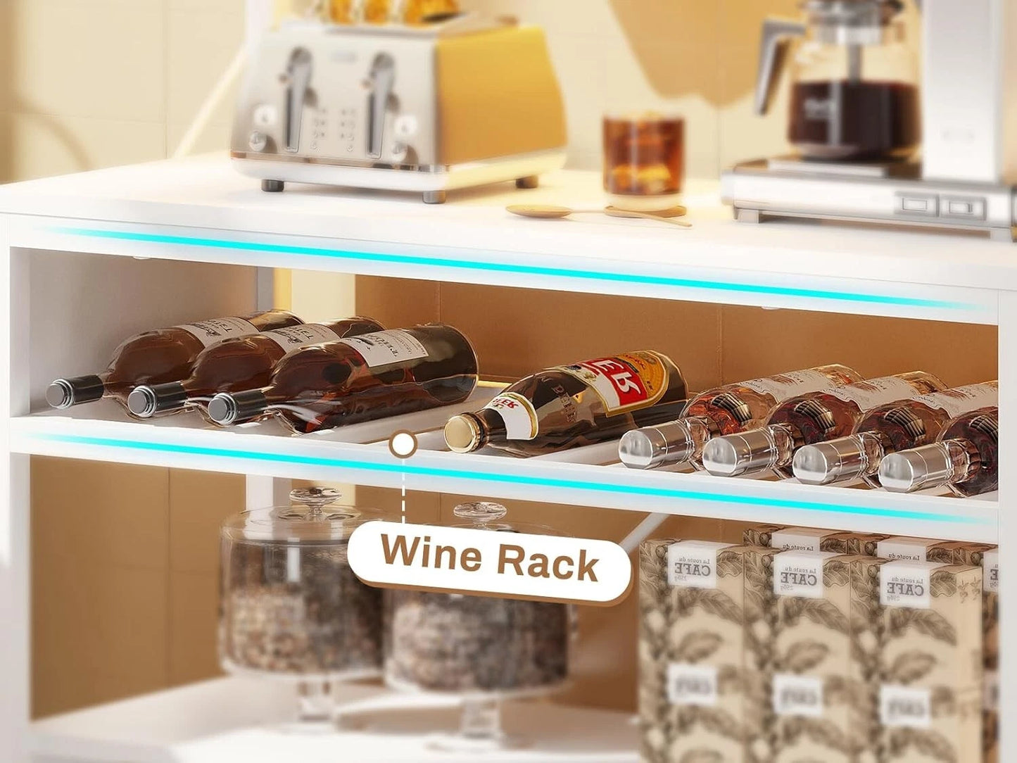 Bakers Rack with Power Outlet, 6-Tier Coffee Bar with Wine Rack and LED Lights