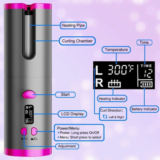 Wireless Rechargeable Curler Ceramic Auto Rotating USB LED Hair Curling Machine