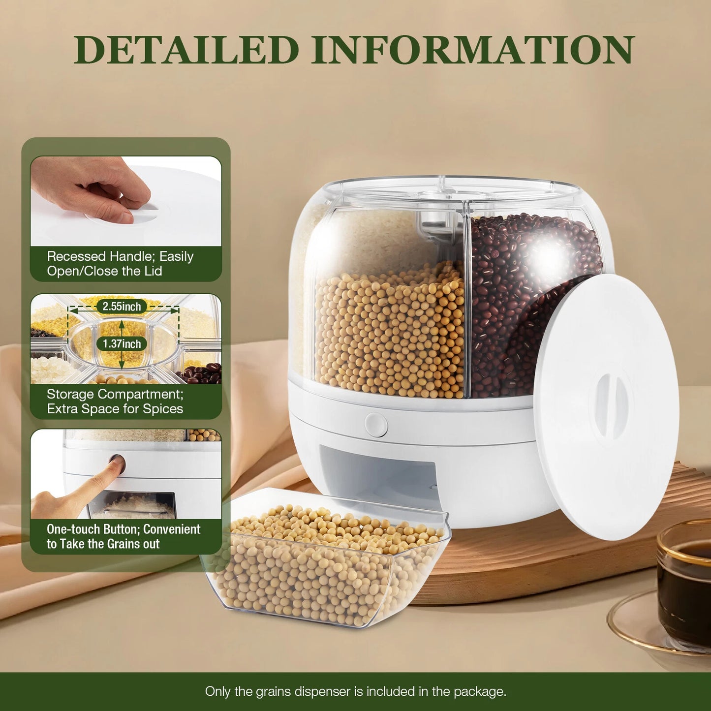 Rice Dispenser Dry Grain Food Storage Container Tank 6-Grid Rotating for Kitchen