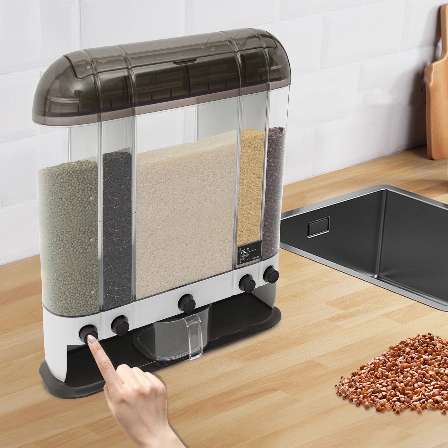 2-Tiers Rice Dispenser Dry Food Dispenser Kitchen Grain Cereal Storage Container