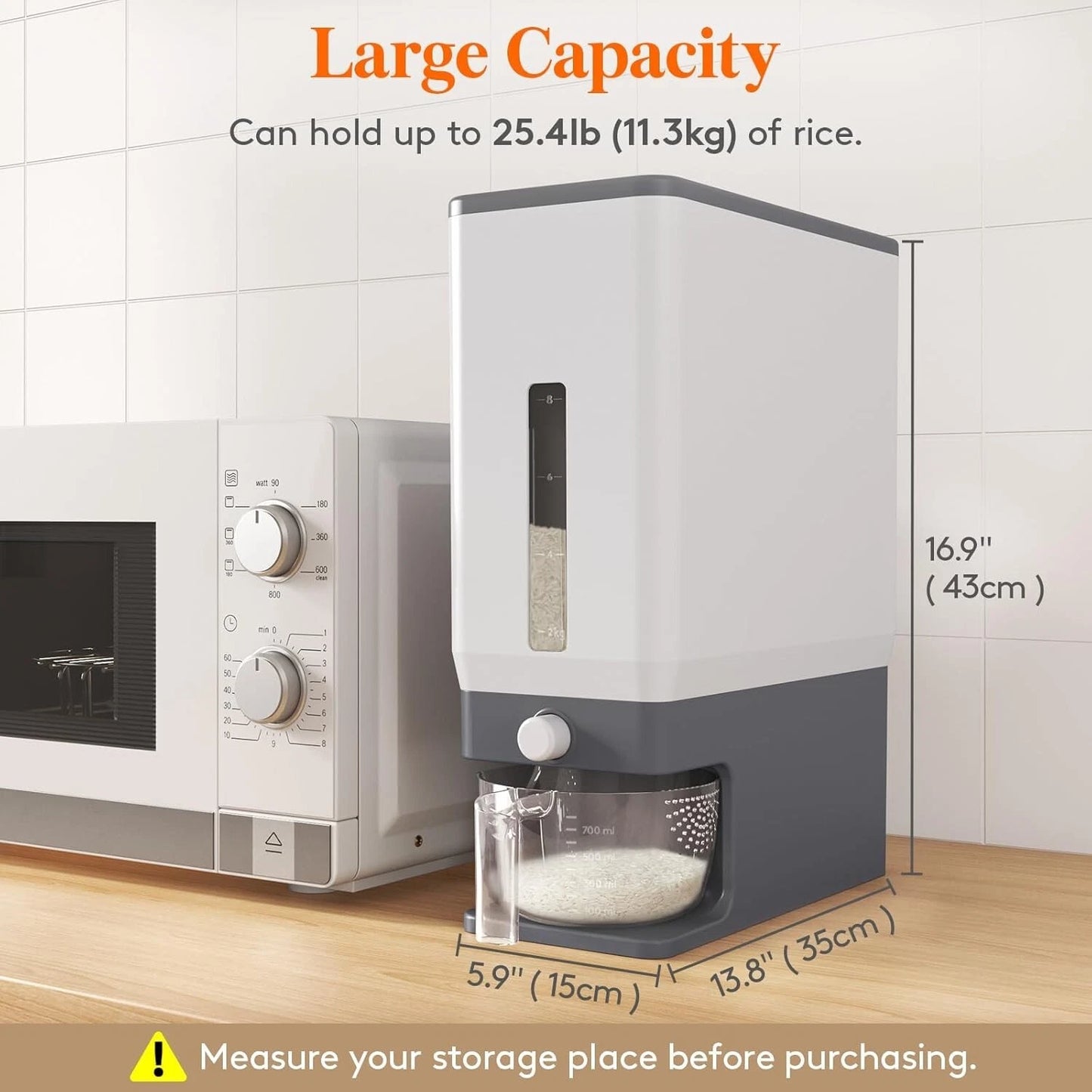 Rice Dispenser 25L Airtight Storage Container with Measuring Cup for Kitchen