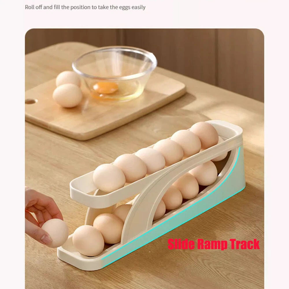 Kitchen Roll down Egg Dispenser & Storage For Refrigerator Organizer Rack Holder