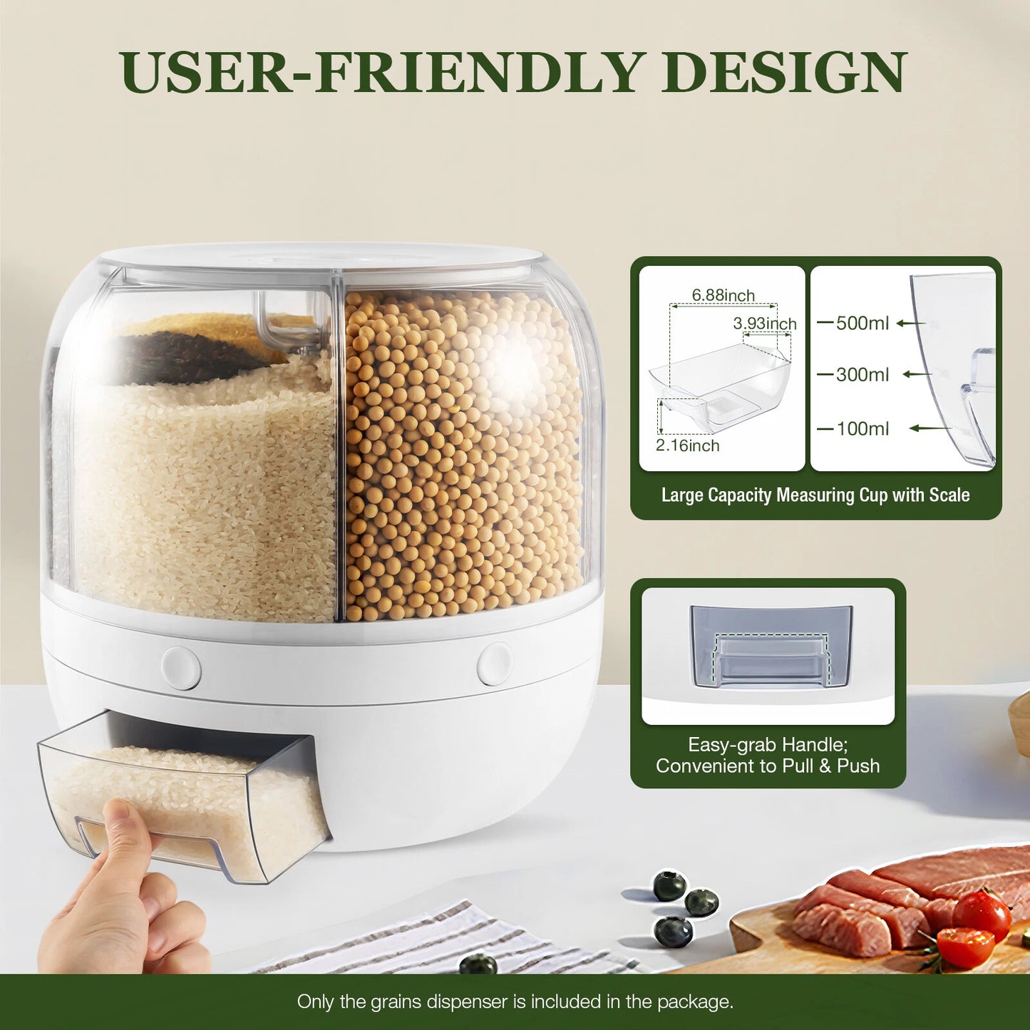 Rice Dispenser Dry Grain Food Storage Container Tank 6-Grid Rotating for Kitchen