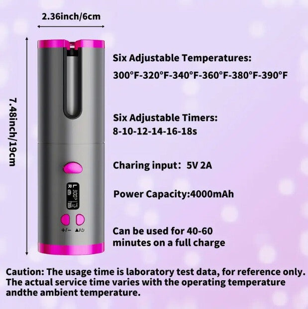 Wireless Rechargeable Curler Ceramic Auto Rotating USB LED Hair Curling Machine