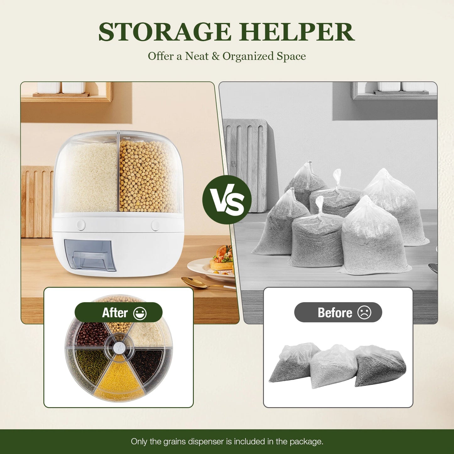 Rice Dispenser Dry Grain Food Storage Container Tank 6-Grid Rotating for Kitchen