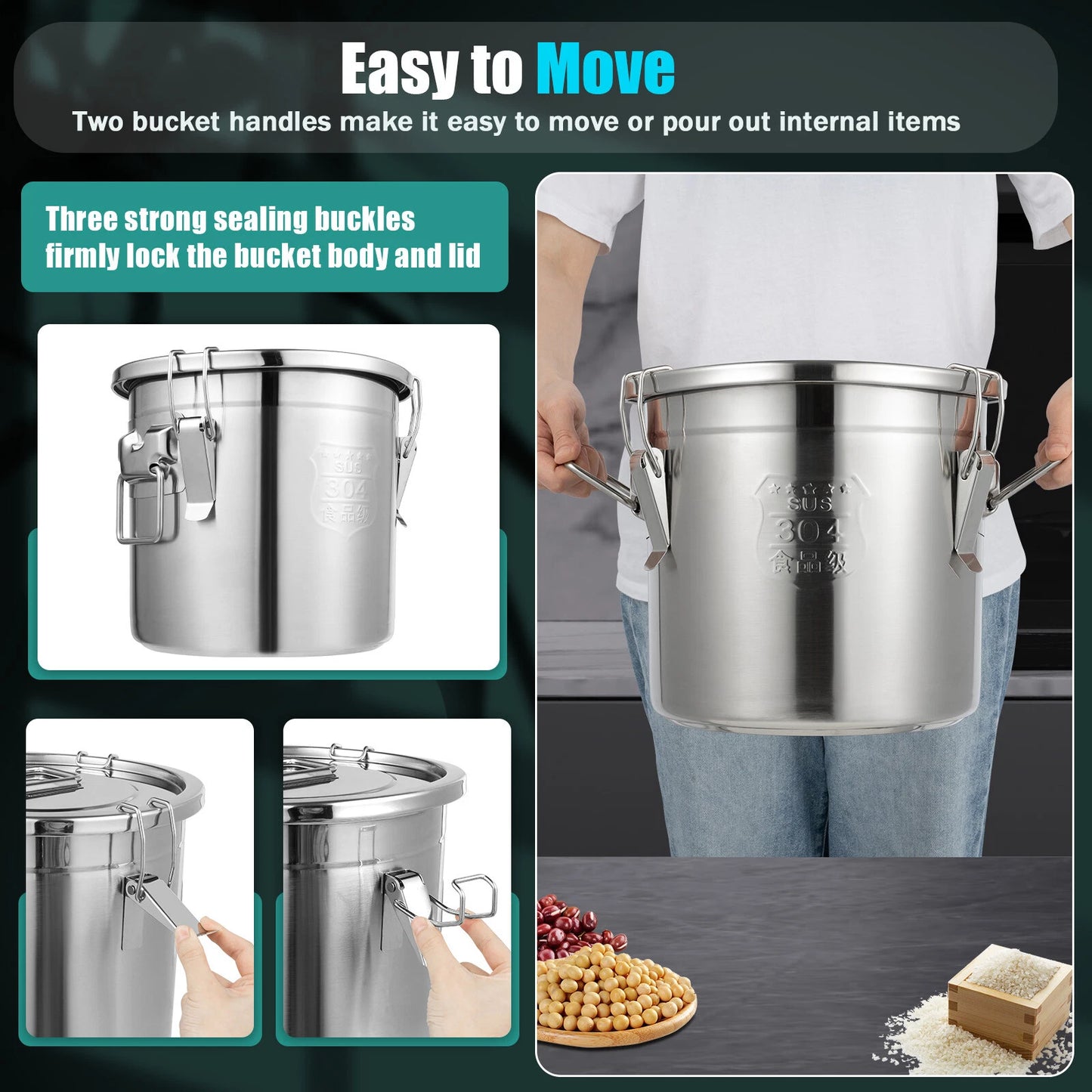 Food Storage Container Stainless Steel Airtight Canister Kitchen Storage Bucket