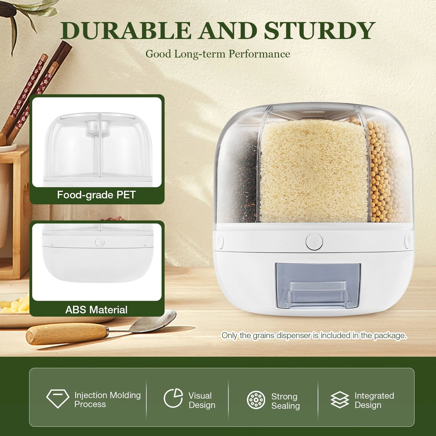 Rice Dispenser Dry Grain Food Storage Container Tank 6-Grid Rotating for Kitchen