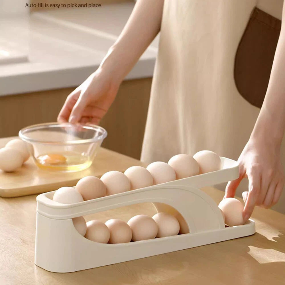 Kitchen Roll down Egg Dispenser & Storage For Refrigerator Organizer Rack Holder