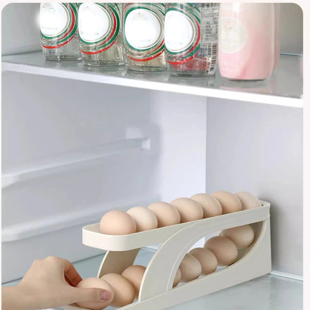 Kitchen Roll down Egg Dispenser & Storage For Refrigerator Organizer Rack Holder