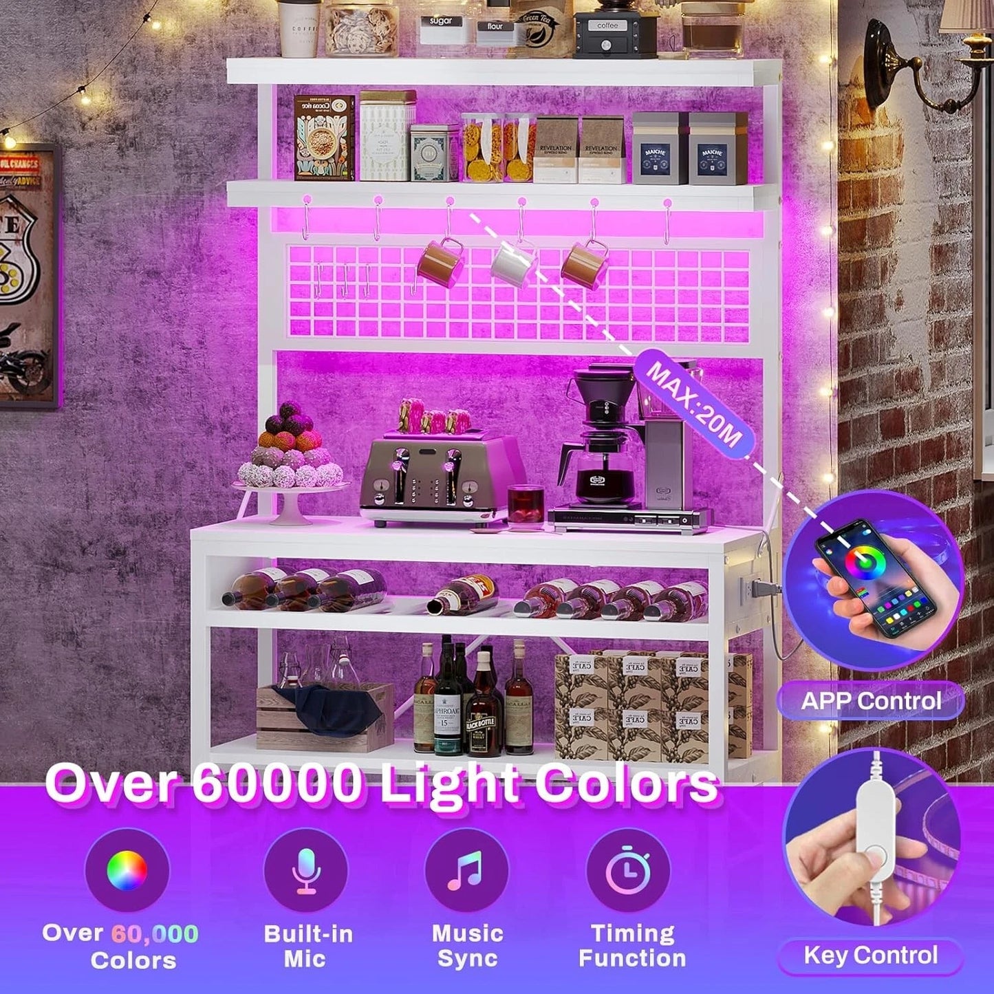 Bakers Rack with Power Outlet, 6-Tier Coffee Bar with Wine Rack and LED Lights