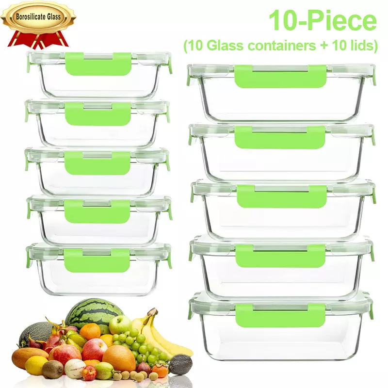 Green Glass Food Storage Containers with Airtight Lid Microwave Safe Set of 4-20