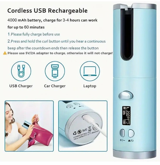 Wireless Rechargeable Curler Ceramic Auto Rotating USB LED Hair Curling Machine