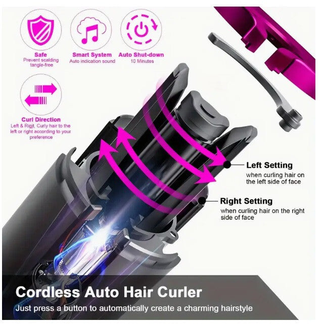 Wireless Rechargeable Curler Ceramic Auto Rotating USB LED Hair Curling Machine