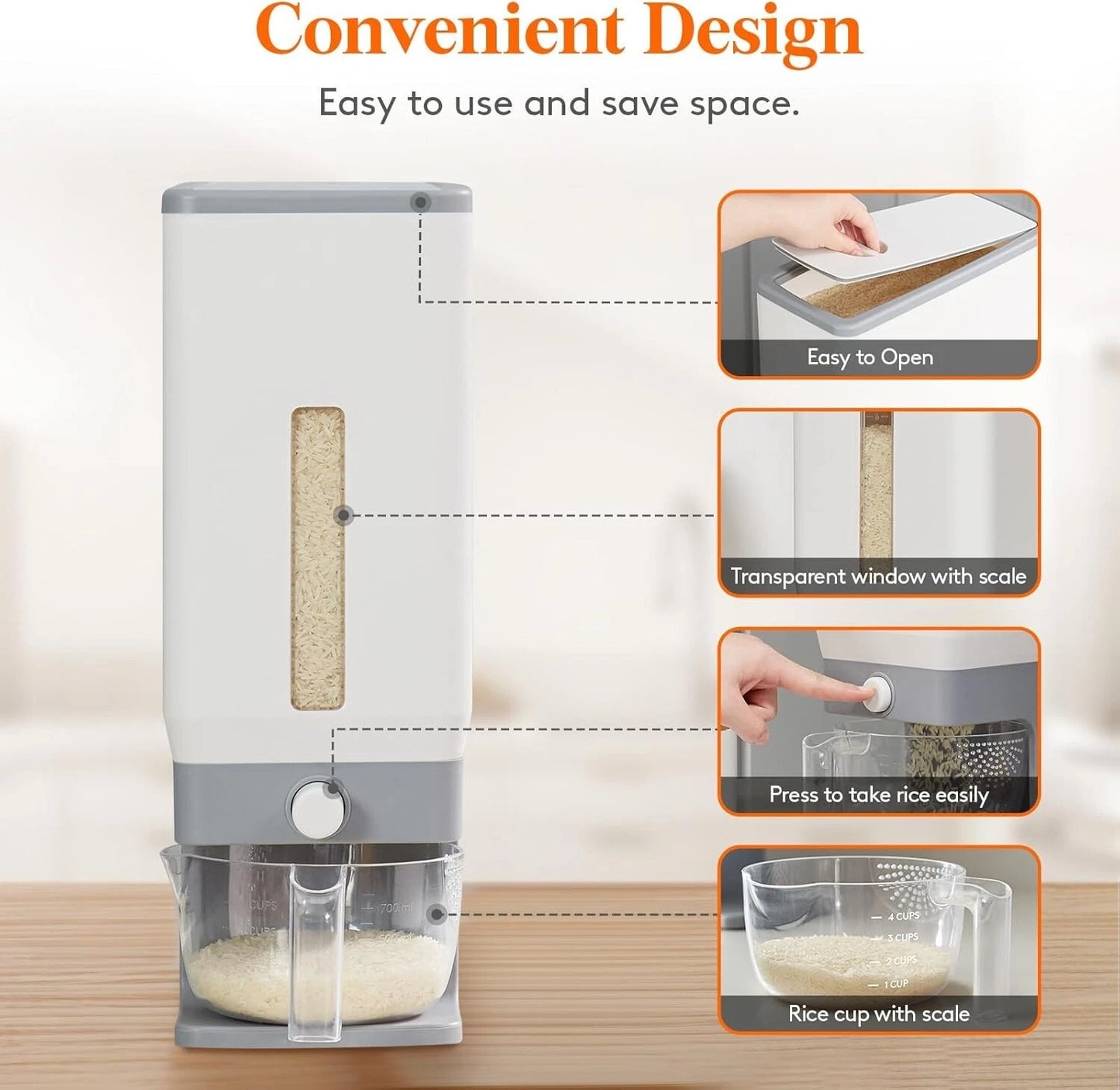 Rice Dispenser 25L Airtight Storage Container with Measuring Cup for Kitchen