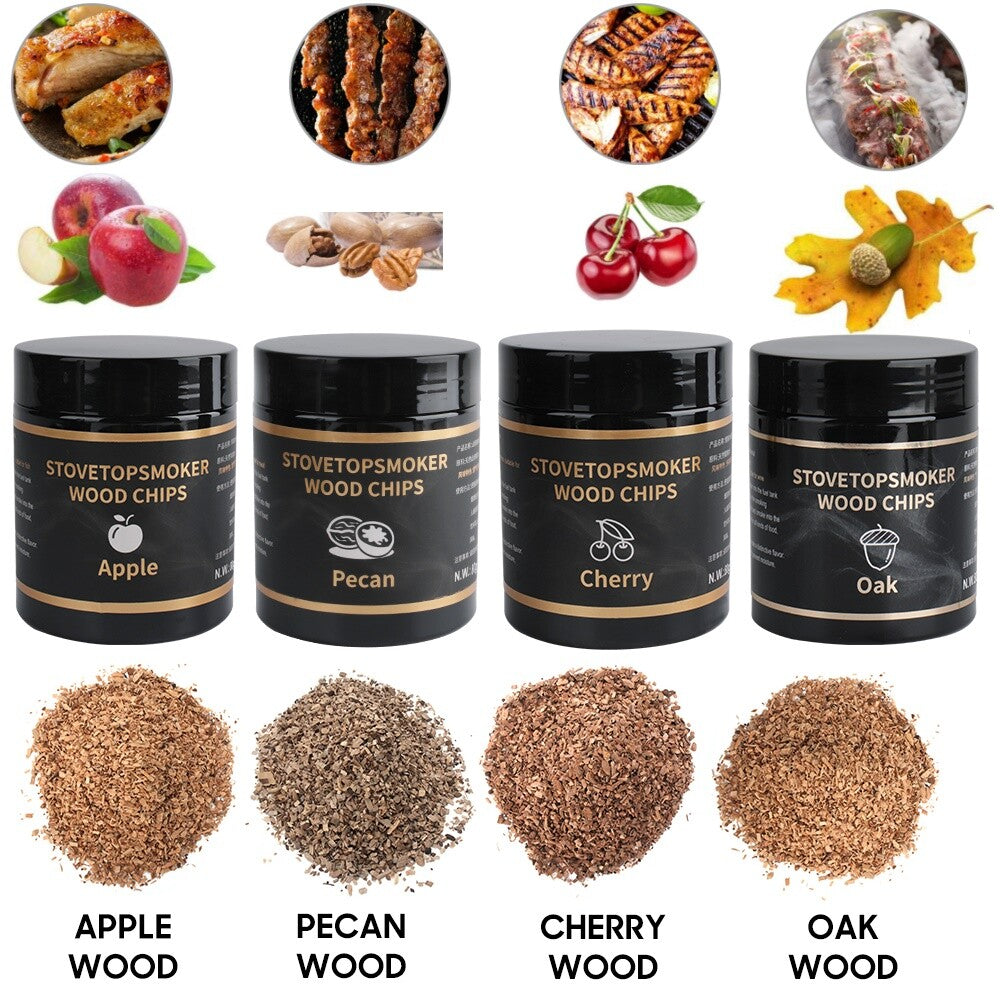 4 Flavors Wood Chips Cherry Apple Oak Pecan Sawdust Food BBQ Smoking Gun Smoke