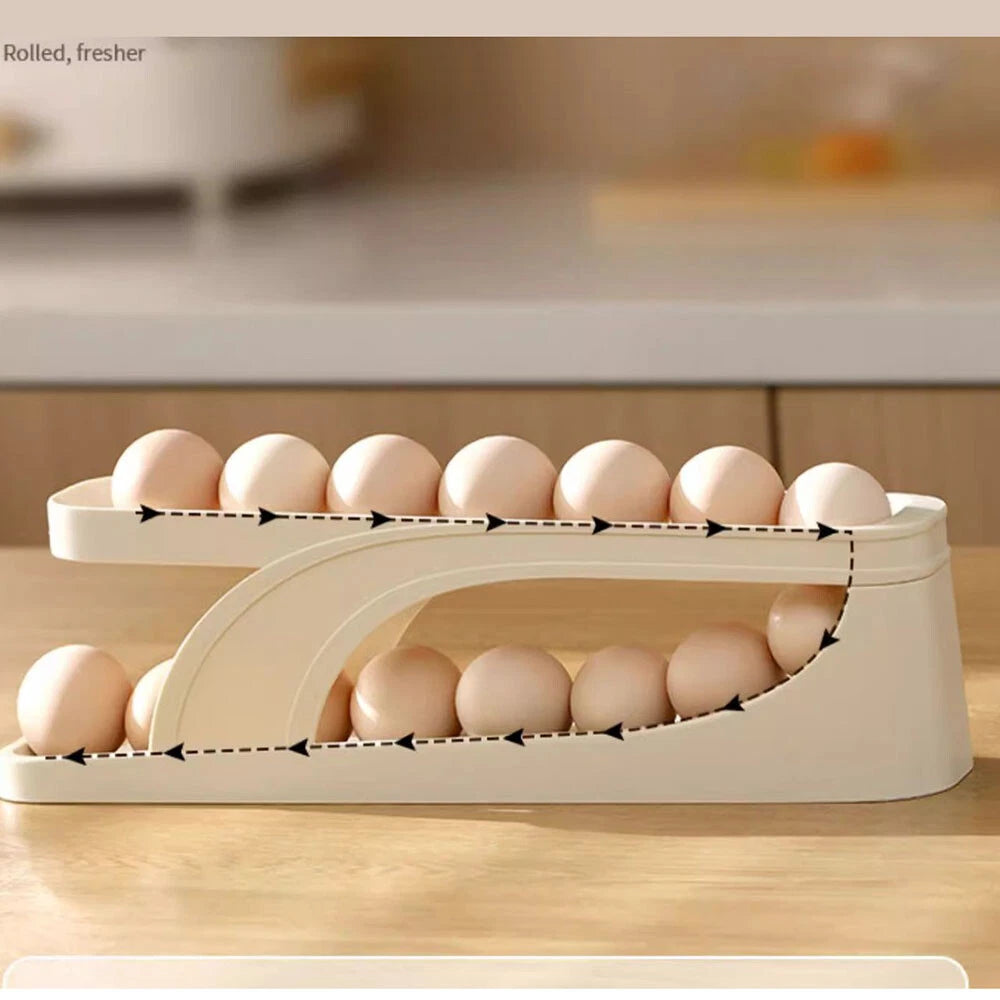 Kitchen Roll down Egg Dispenser & Storage For Refrigerator Organizer Rack Holder