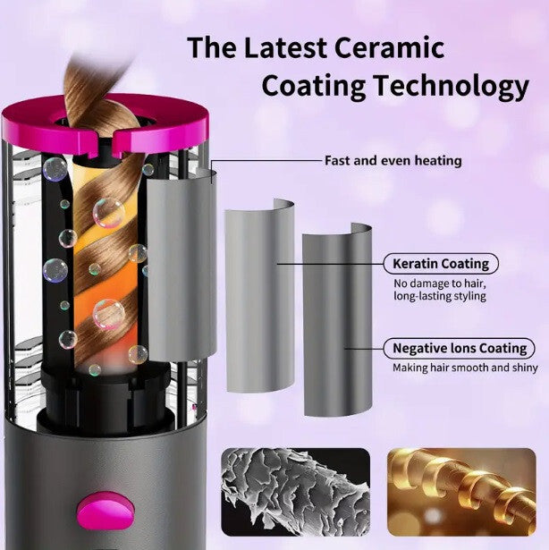 Wireless Rechargeable Curler Ceramic Auto Rotating USB LED Hair Curling Machine