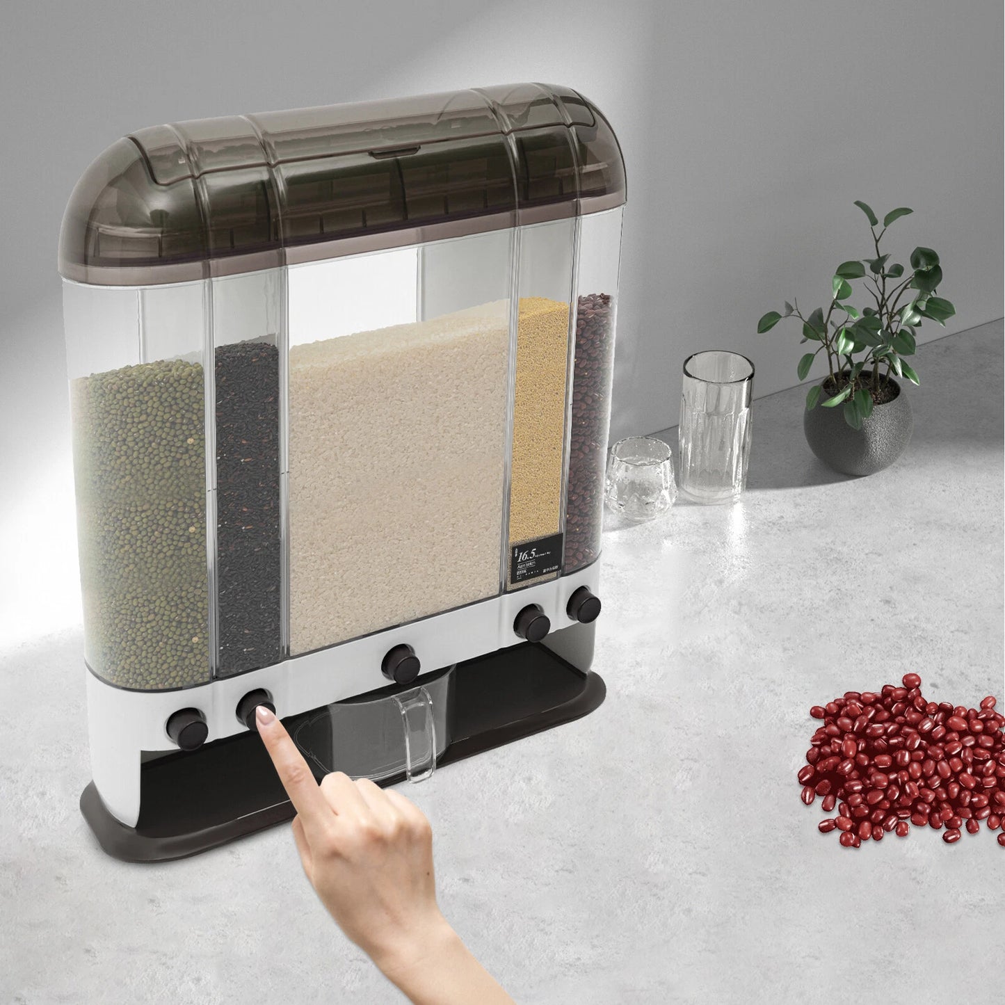 2-Tiers Rice Dispenser Dry Food Dispenser Kitchen Grain Cereal Storage Container