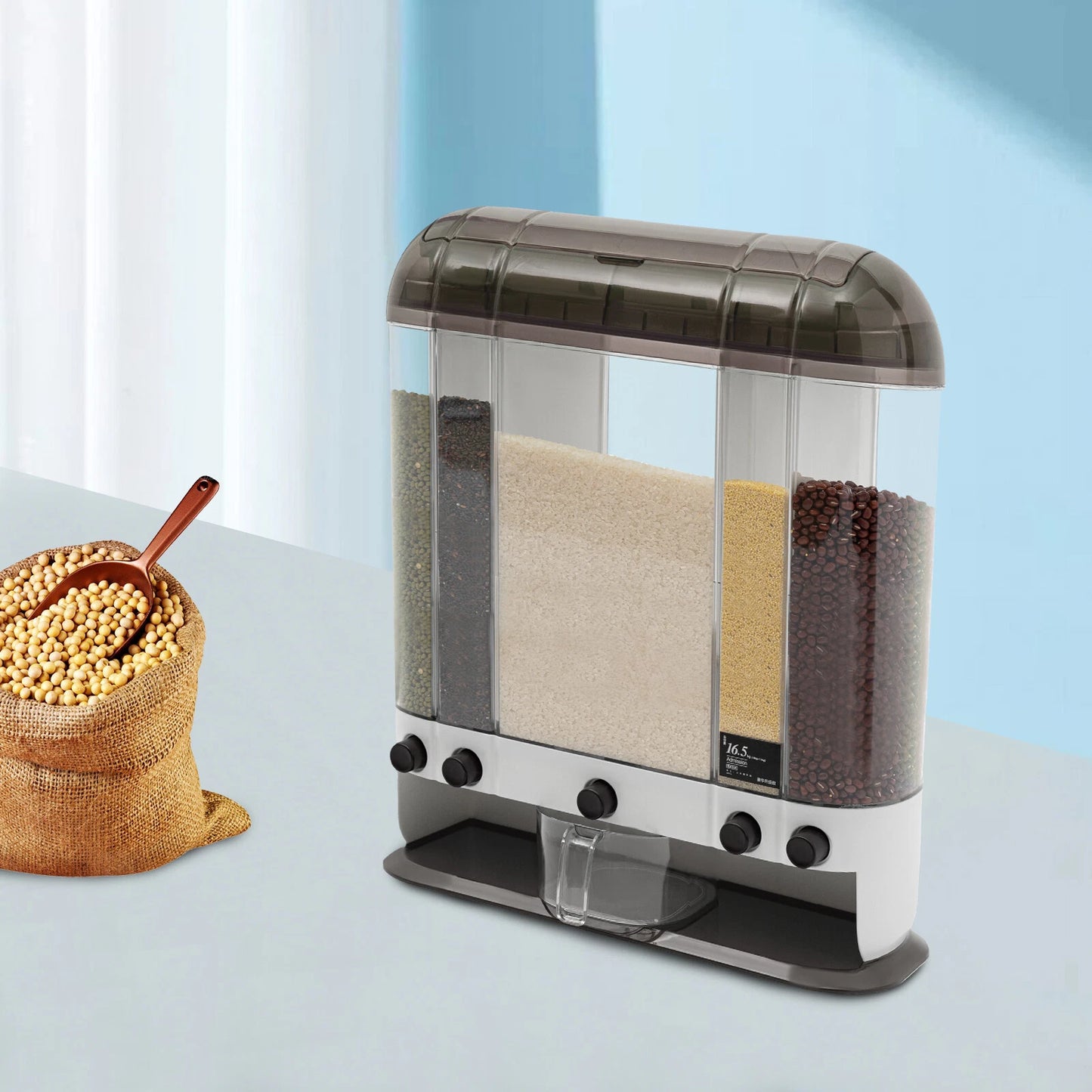 2-Tiers Rice Dispenser Dry Food Dispenser Kitchen Grain Cereal Storage Container