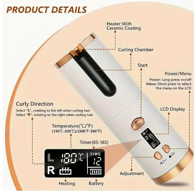 Wireless Rechargeable Curler Ceramic Auto Rotating USB LED Hair Curling Machine