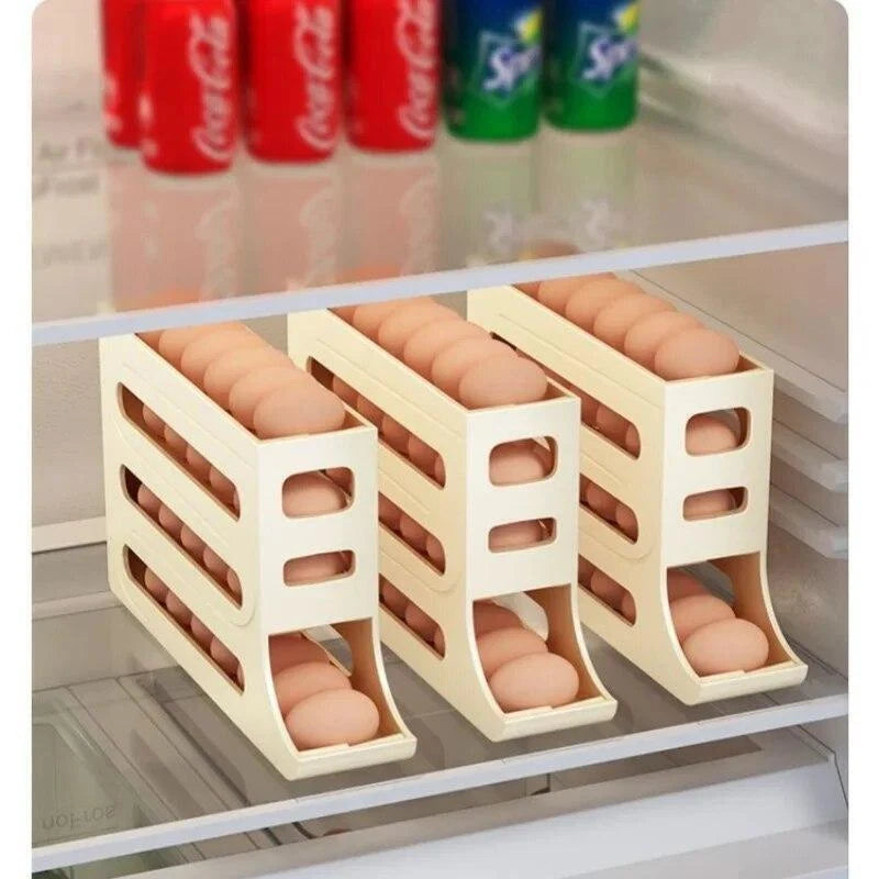 Kitchen Roll down Egg Dispenser & Storage For Refrigerator Organizer Rack Holder
