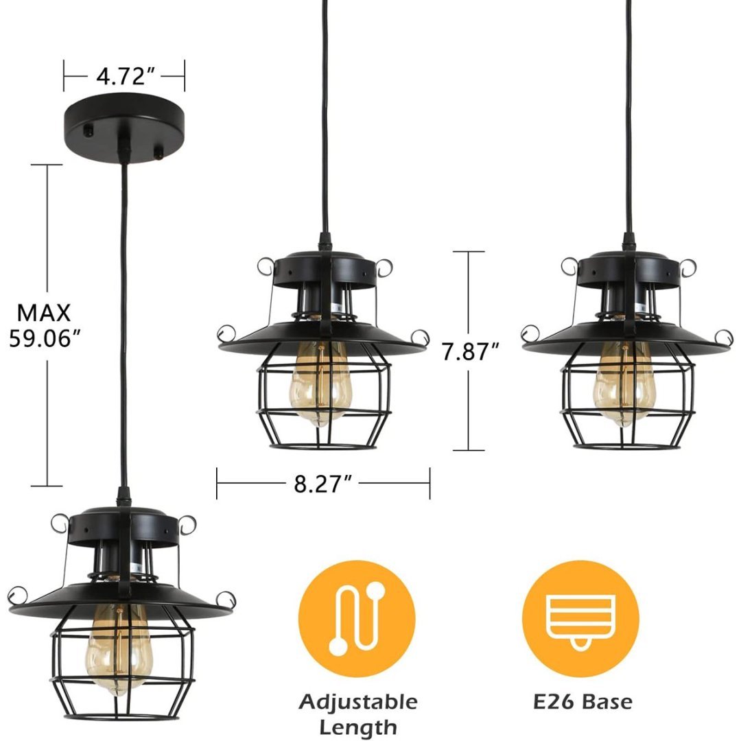 Vintage Farmhouse Pendant Light Rustic Metal Caged Pendant Lights Black Cage Hanging Lamp For Kitchen Island Entryy Bedrooms Living Room Barn,Adjustable Height,E26 Bulb 1 Light