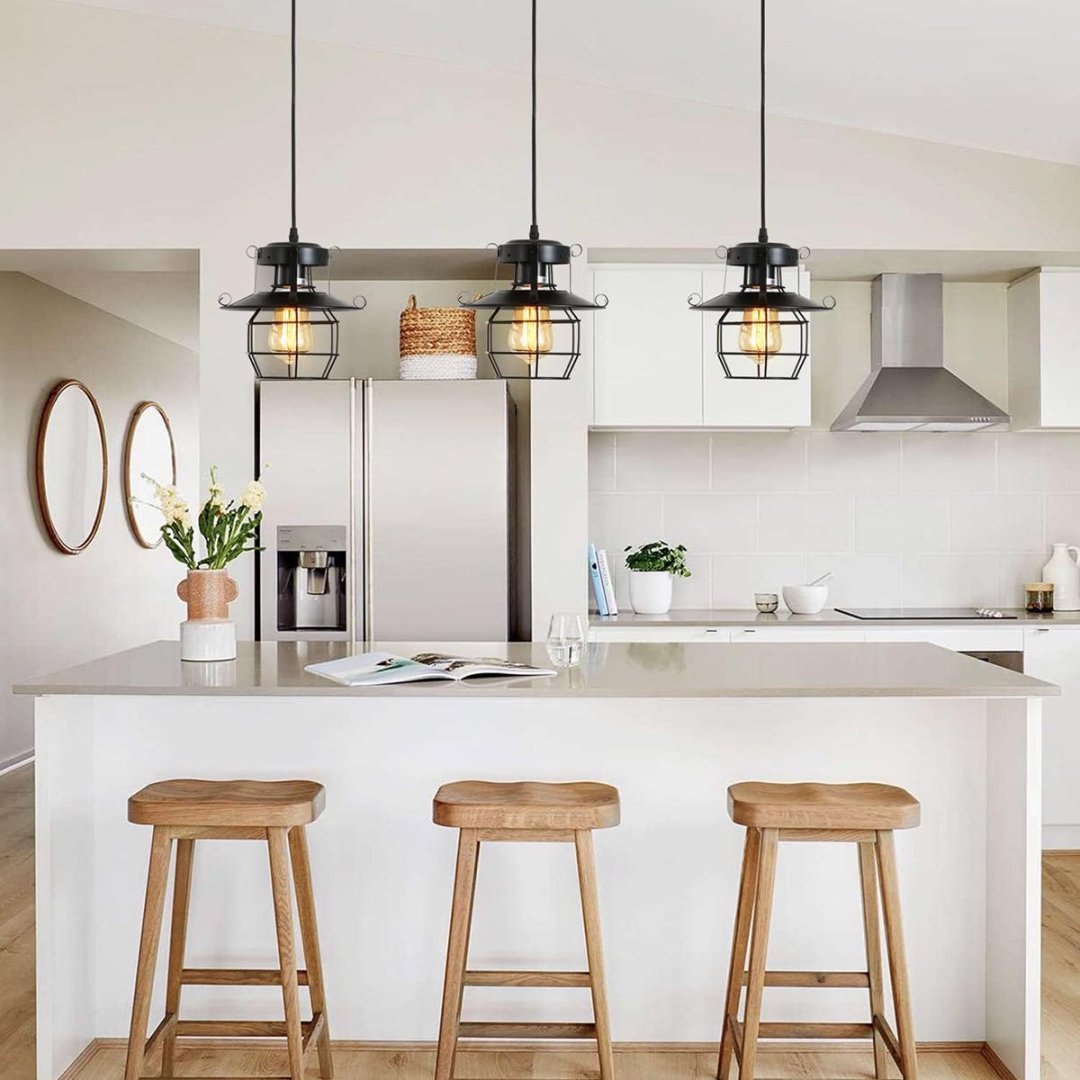 Vintage Farmhouse Pendant Light Rustic Metal Caged Pendant Lights Black Cage Hanging Lamp For Kitchen Island Entryy Bedrooms Living Room Barn,Adjustable Height,E26 Bulb 1 Light