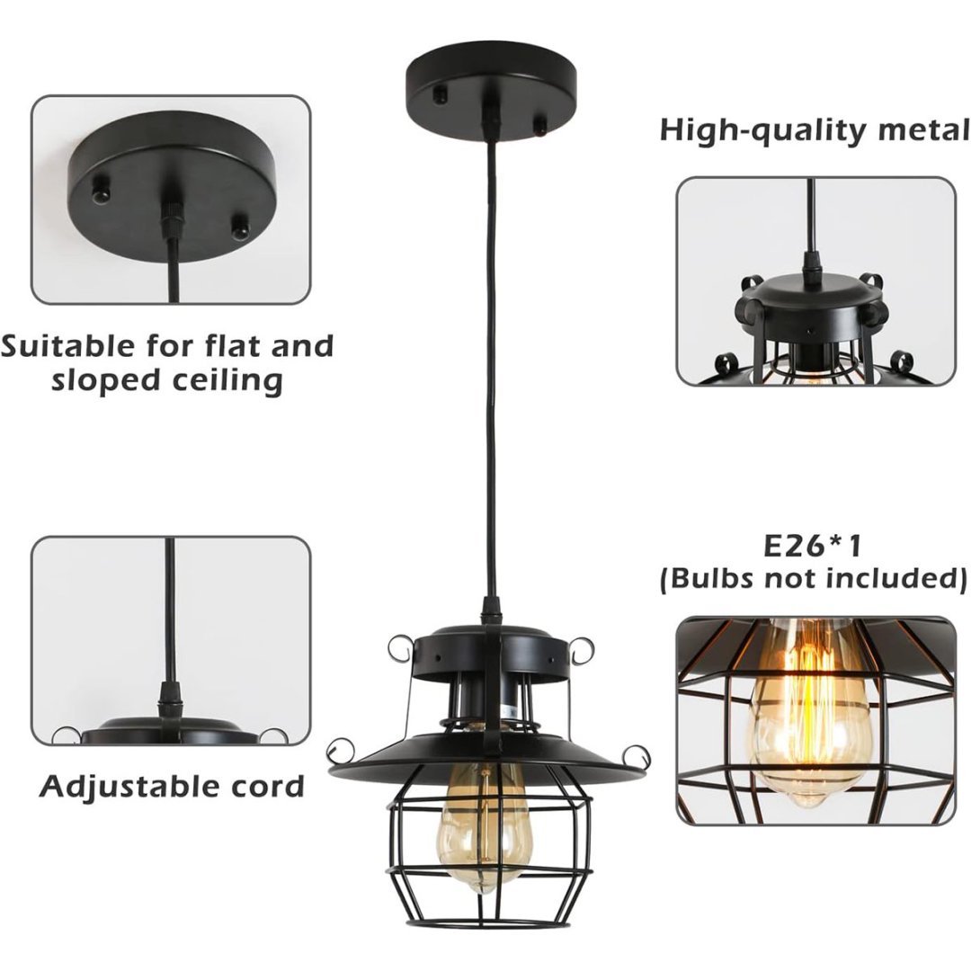 Vintage Farmhouse Pendant Light Rustic Metal Caged Pendant Lights Black Cage Hanging Lamp For Kitchen Island Entryy Bedrooms Living Room Barn,Adjustable Height,E26 Bulb 1 Light