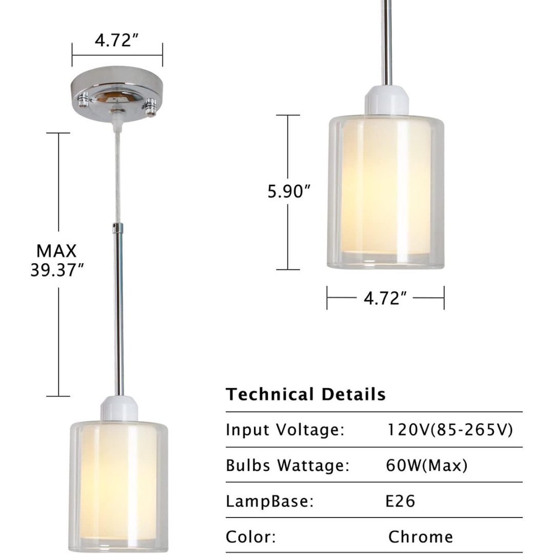 Glass Pendant Light, Modern Pendant Lighting For Kitchen Island, Farmhouse Mini Pendant Lamp With Chrome Nickel Adjustable For Dining Room, Sink, Double Cylinder