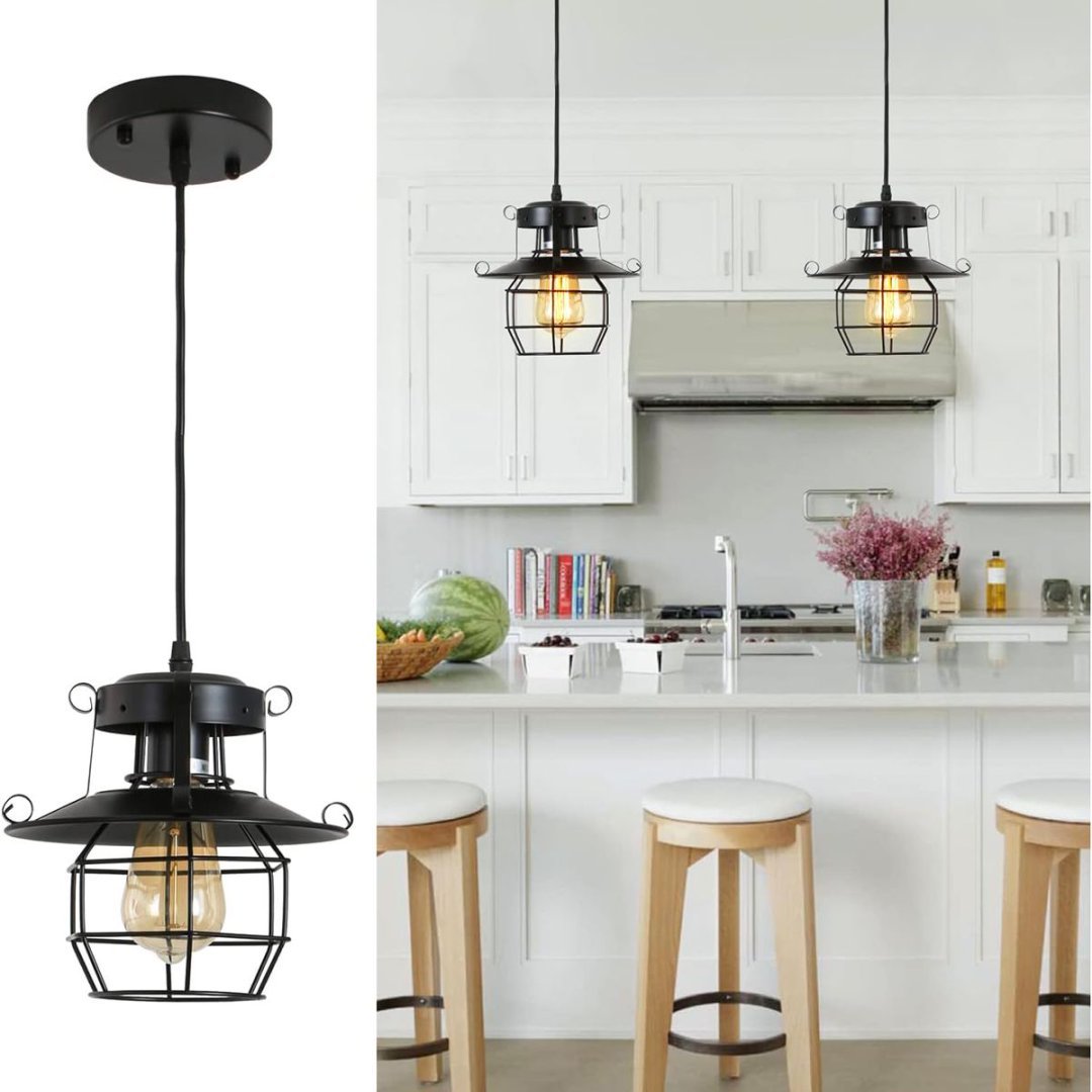 Vintage Farmhouse Pendant Light Rustic Metal Caged Pendant Lights Black Cage Hanging Lamp For Kitchen Island Entryy Bedrooms Living Room Barn,Adjustable Height,E26 Bulb 1 Light
