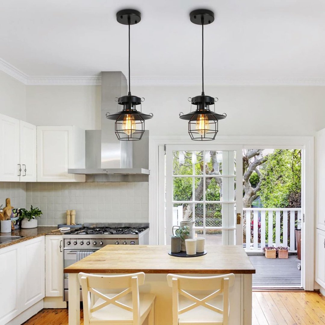Vintage Farmhouse Pendant Light Rustic Metal Caged Pendant Lights Black Cage Hanging Lamp For Kitchen Island Entryy Bedrooms Living Room Barn,Adjustable Height,E26 Bulb 1 Light