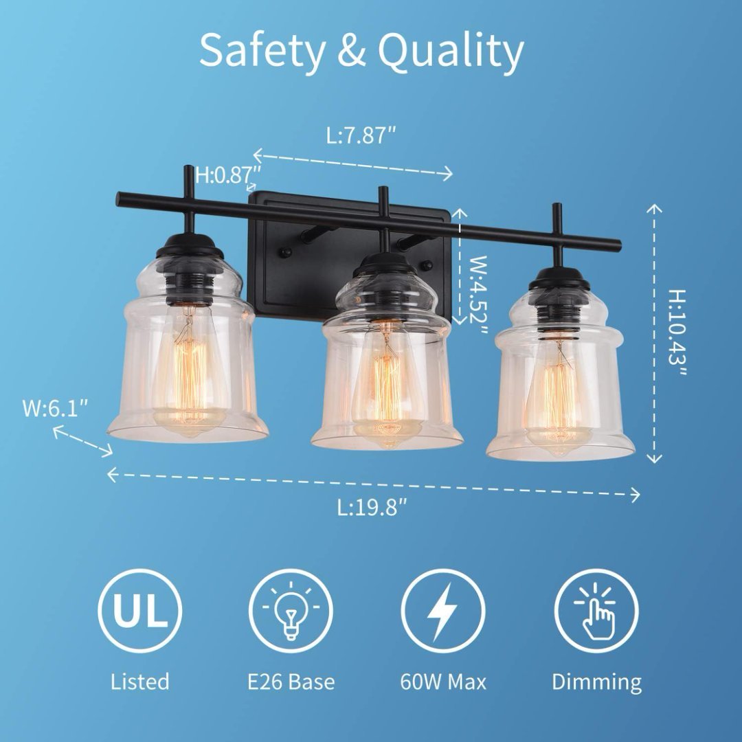 3-Light With Clear Glass Satin Shade,Unique Hand-make Lampshade, Industrial Indoor Light Fixture For Bathroom Living Room Bedroom Over Kitchen Sink,E26 Socket No Bulb