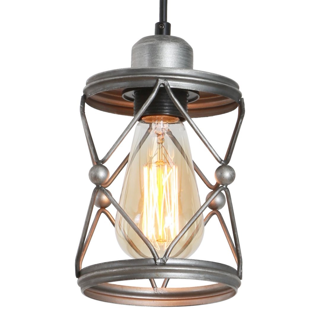 Industrial Pendant Lighting For Kitchen Island, Rustic Mini Cage Pendant Light, Farmhouse Pendant Lamp With Silver Grey Adjustable For Dining Room, Hallway, Entryway, Bedroom
