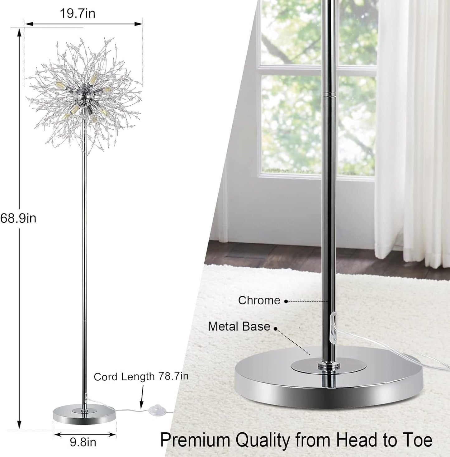 Bedroom Crystal Floor Lamp,,69 Inch High Pole Lamp,Modern Room Decorative Floor Lamp,Includes 32 Fireworks Crystal Suspenders, Chrome Finish