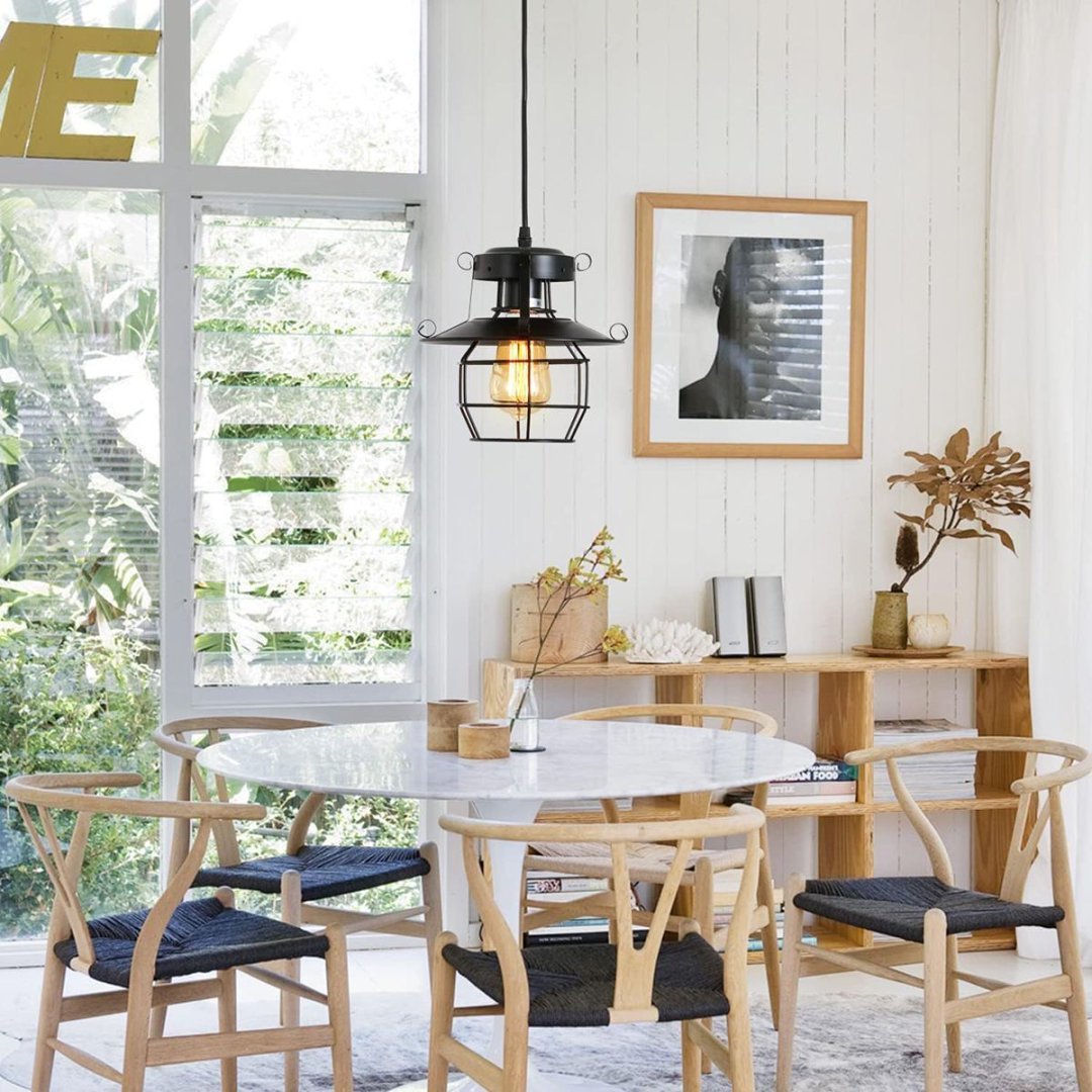Vintage Farmhouse Pendant Light Rustic Metal Caged Pendant Lights Black Cage Hanging Lamp For Kitchen Island Entryy Bedrooms Living Room Barn,Adjustable Height,E26 Bulb 1 Light